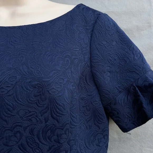 Talbots Size 10 Navy Blue Jacquard Brocade Ruffle Sleeve Sheath Dress Classic - Picture 4 of 8
